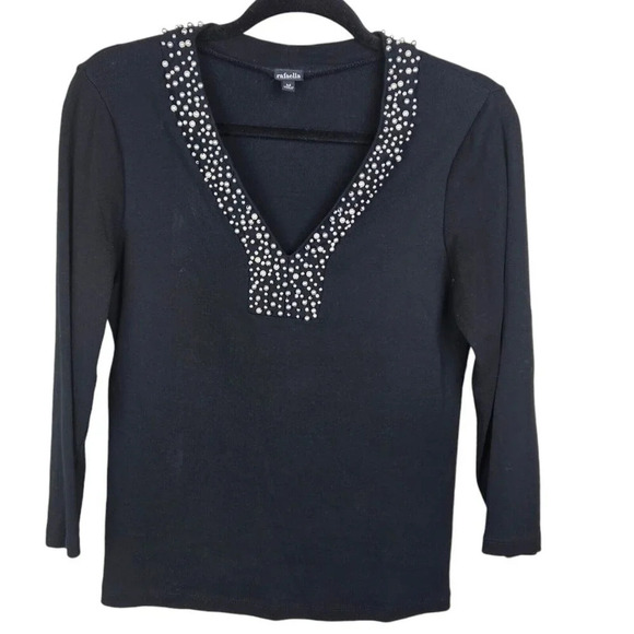 Rafaella Black Pearl Accent 3/4 Sleeve Knit Pullover V Neck Sweater Size Medium - Picture 11 of 11